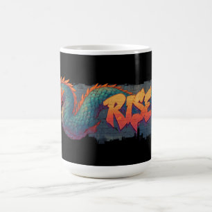 Stilisierte Graffiti Dragon Mural mit Bold 'RISE' Kaffeetasse