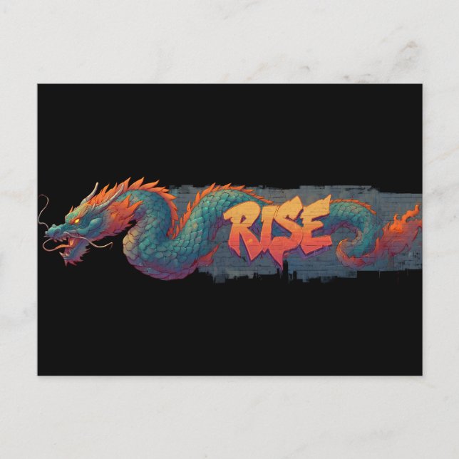 Stilisierte Graffiti Dragon Mural mit Bold 'RISE' Postkarte (Vorderseite)