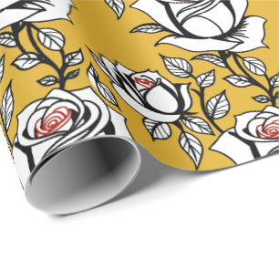 Stilisierte handgezeichnete Rosen in Schwarz und W Geschenkpapier