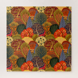 Stilisierte Herbstbäume, leuchtendes Waldmuster. Puzzle