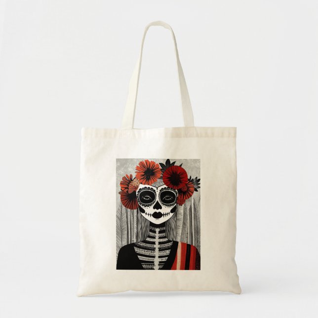 Stilisierte La Catrina Tote Tasche in rot, schwarz (Vorne)