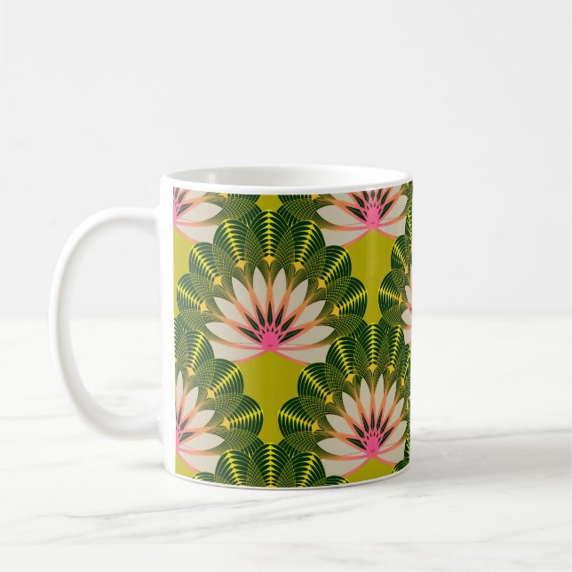 Stilisierte Lotustapete: rosa, grün. Kaffeetasse (Links)