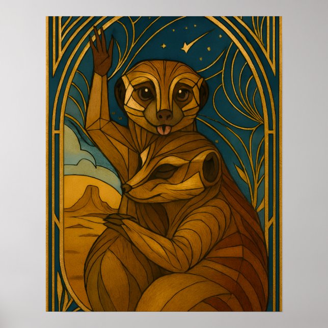 Stilisierte Meerkat Pair Under Starry Sky Poster (Vorne)