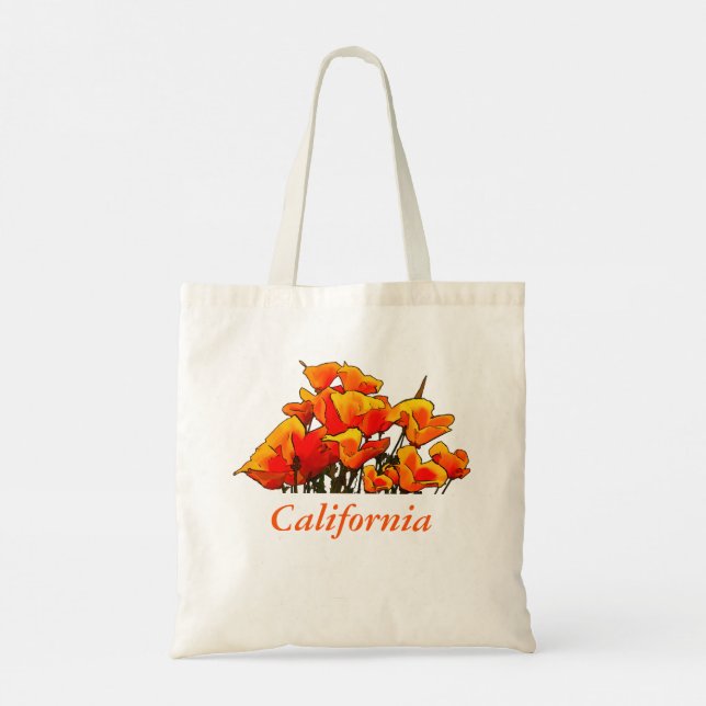 Stilisierte Mohnkunst mit "California" Text Tote B Tragetasche (Rückseite)