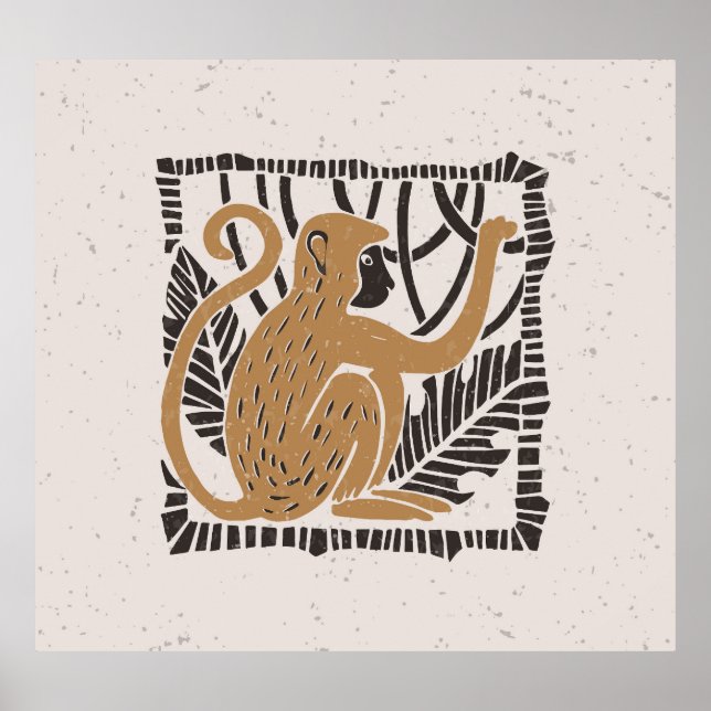 Stilisierte Monkey Linocut Illustration Poster (Vorne)