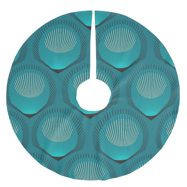 Stilisierte Peacock Feathers Blue Tile Polyester Weihnachtsbaumdecke (Vorderseite)