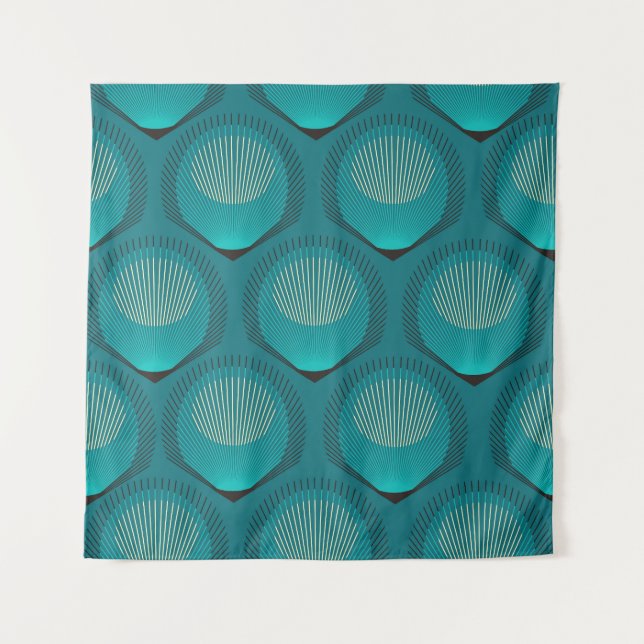 Stilisierte Peacock Feathers Blue Tile Wandteppich (Vorderseite)