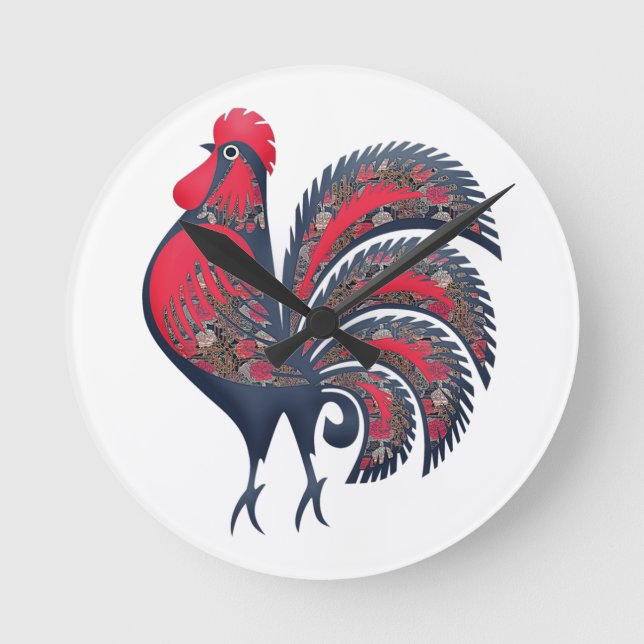 Stilisierte Red Rooster - Landtiere. Holzwall Ar Runde Wanduhr (Vorderseite)