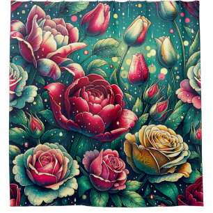 "Stilisierte Rote Rosen mit Raindrops" Duschvorhang