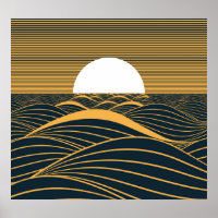 Stilisierte Sonne-Mond, dunkle Meeresdarstellung.