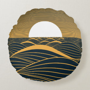 Stilisierte Sonne-Mond, dunkle Meeresdarstellung. Rundes Kissen