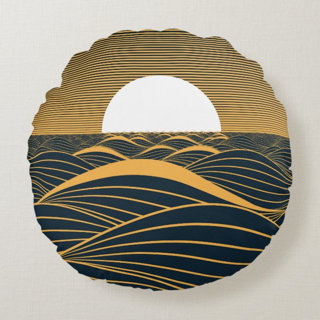 Stilisierte Sonne-Mond, dunkle Meeresdarstellung. Rundes Kissen (Vorderseite)