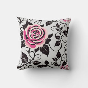Stilisierte Vintage, rosa und schwarze Rose Kissen