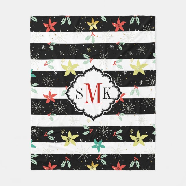 Stilisierte Weihnachtslieder & Poinsettia-Muster Fleecedecke (Vorderseite)