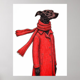 Stilisierte Windhundzeichnung mit rotem Vintage-Ma Poster