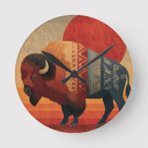 Stilisierter Bison mit indianischen Mustern Runde Wanduhr