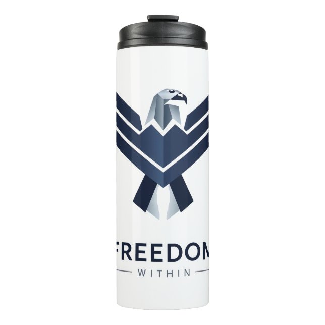 Stilisierter blauer Adler "Freiheit in dir" Thermosbecher (Vorderseite)