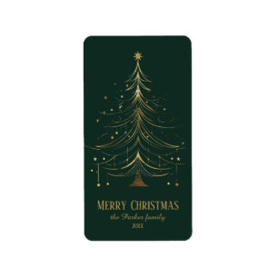 Stilisierter Weihnachtsbaum in Gold auf dunklem Hi Adressaufkleber