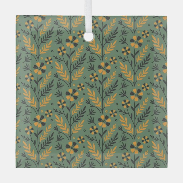 Stilisiertes botanisches orange-schwarzes Blumenmu Ornament Aus Glas (Vorderseite)
