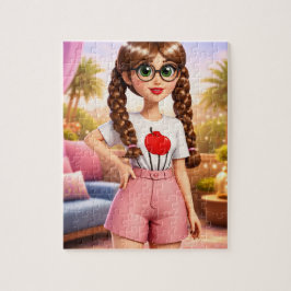 Stilisiertes Cartoon-Mädchen mit Zöpfen und Brille Puzzle