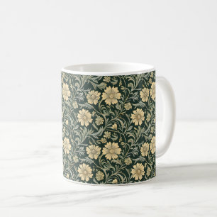 Stilisiertes dunkelgrünes Muster mit gelben Blumen Kaffeetasse