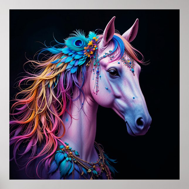 Stilisiertes Portrait eines Pferdes mit blühender  Poster (Vorne)