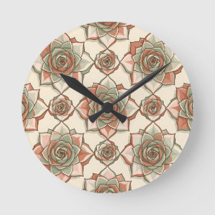 Stilisiertes Sukkulenten-Rosenmuster Pink Sage Runde Wanduhr