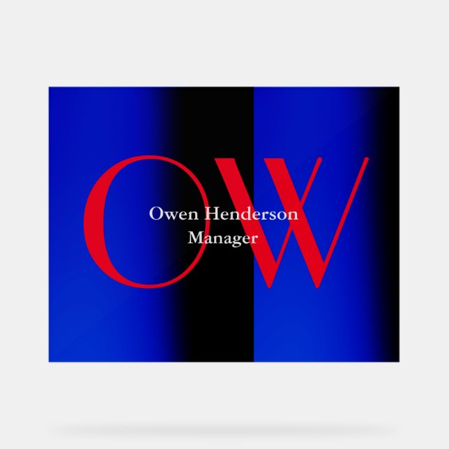 Stilistisch Einziges Blau, fett Text Monogram Acrylschild (Vorderseite)