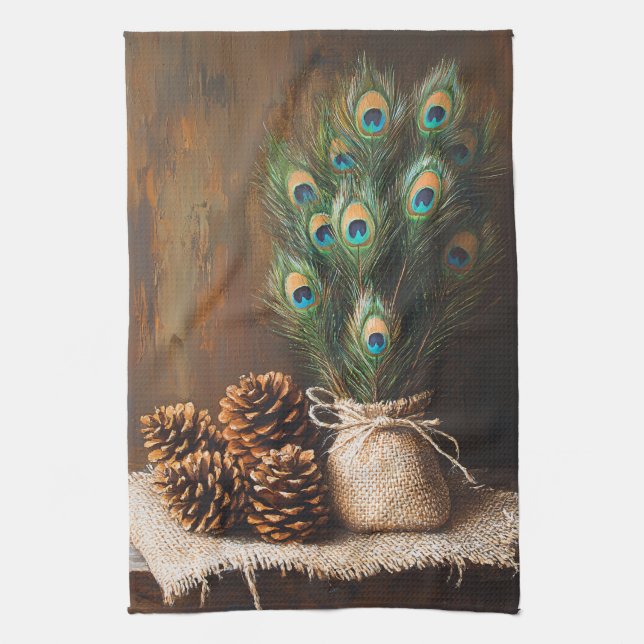 Still Life Peacock Feathones Pinecones Geschirrtuch (Vertikal)