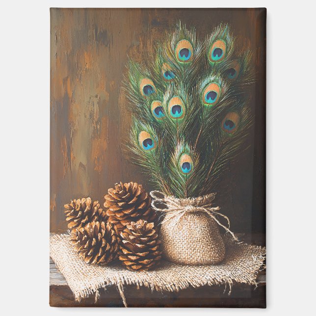 Still Life Peacock Feathones Pinecones Magnet (Vorderseite)