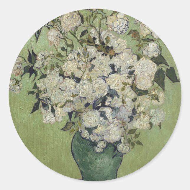 Still Life Pink Roses in einer Vase von Van Gogh Runder Aufkleber (Vorderseite)