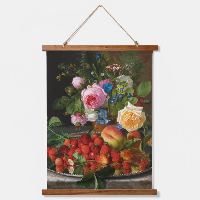 Still Life Rose und Erdbeeren von Otto Ottesen Wandteppich Mit Holzrahmen (Vorderseite)