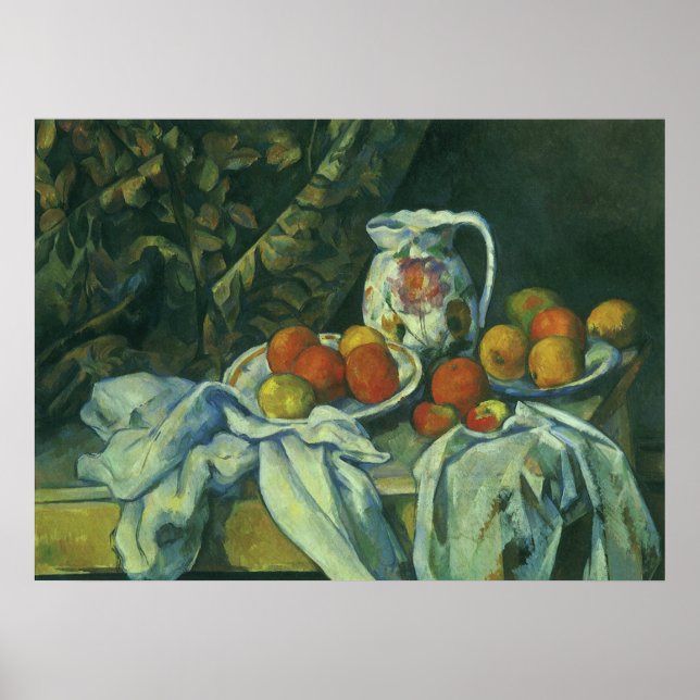 Still Life, Vorhang und Pitcher von Paul Cezanne Poster (Vorne)