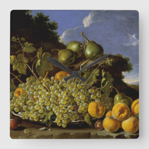 Still life with Plate of Grapes, Peaches, Pears Quadratische Wanduhr