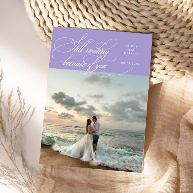 Still Smiling Elegant Wedding Photo Lilac Dankeskarte (Von Creator hochgeladen)