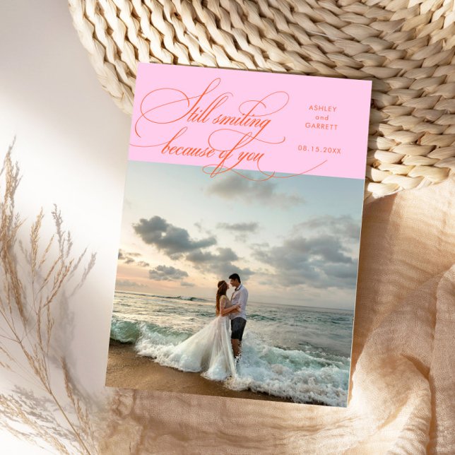 Still Smiling Elegant Wedding Photo Orange Pink Dankeskarte (Von Creator hochgeladen)