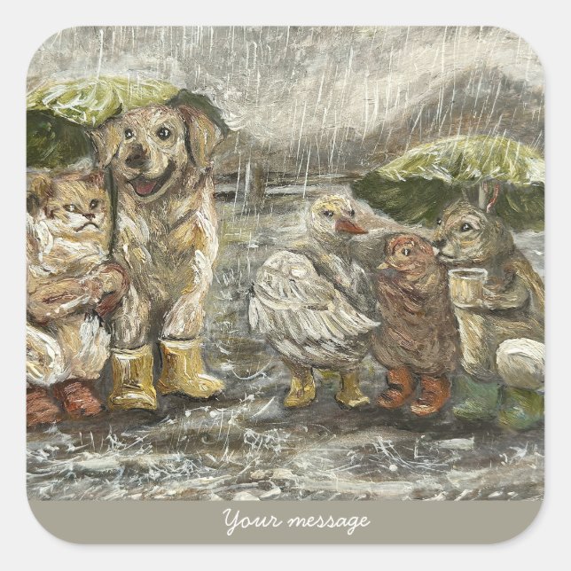 Still Together Whimsical Farmhouse Animals Rainy  Quadratischer Aufkleber (Vorderseite)