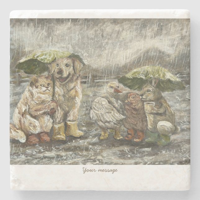 Still Together Whimsical Farmhouse Animals Rainy  Steinuntersetzer (Vorderseite)
