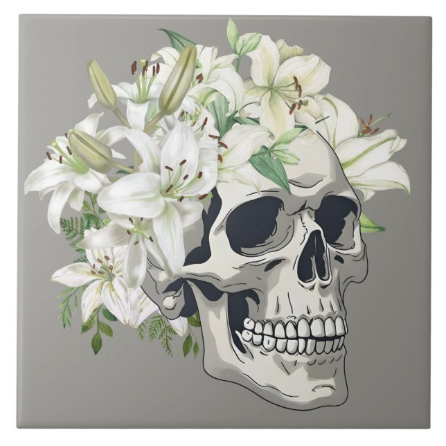 Stille Blüte: Schädel und weiße Lilien Fliese (Vorderseite)