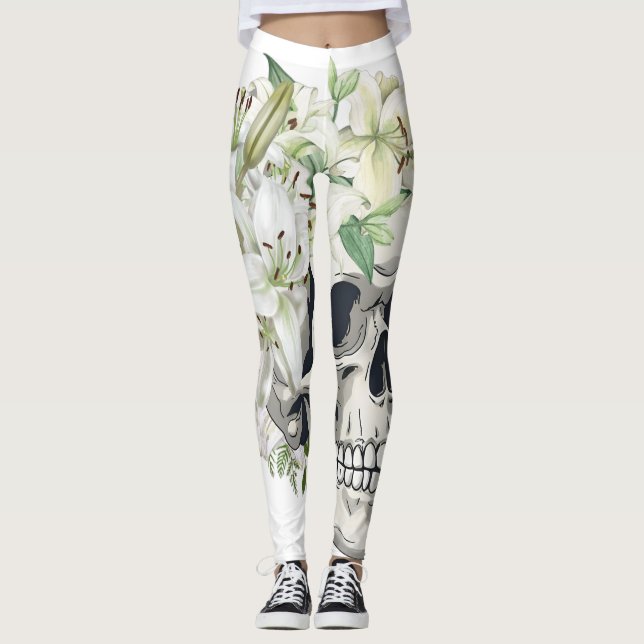 Stille Blüte: Schädel und weiße Lilien Leggings (Vorderseite)