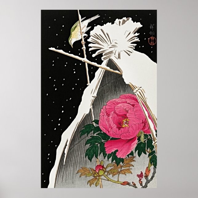 Stille Elegance: Siberisches Bluechat & Peony Poster (Vorne)