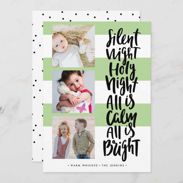 Stille Nacht drei Foto Feiertage Weihnachten Grün Einladung (Vorne/Hinten)