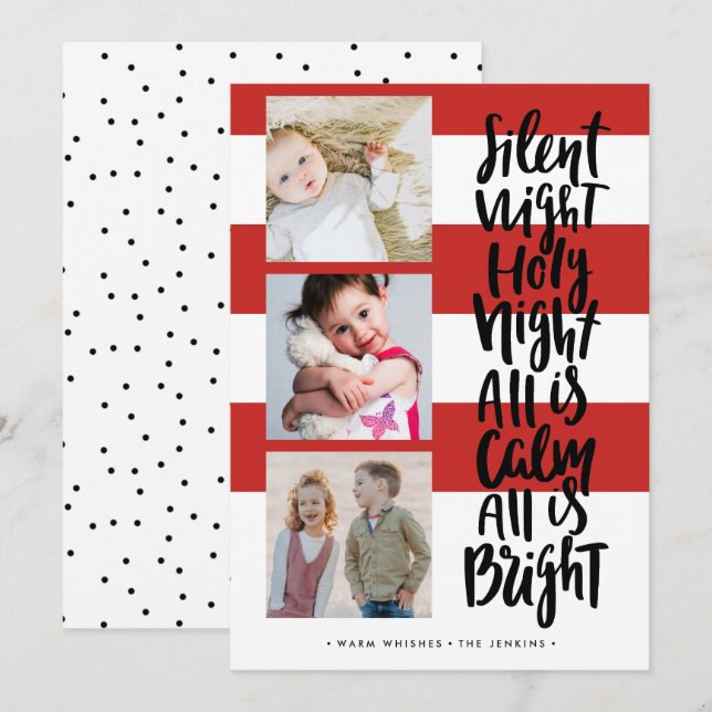 Stille Nacht drei Foto Feiertage Weihnachten | Rot Einladung (Vorne/Hinten)