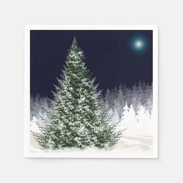 Stille Nacht Schnee bedeckt Weihnachtsbaum Urlaub Serviette (Vorderseite)