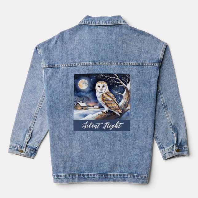 Stille Nacht Weihnachtsschnee Szene Barn Owl Jeansjacke (Rückseite)