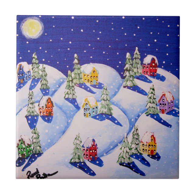 Stille Nacht Winter Folk Kunst Fliese (Vorderseite)