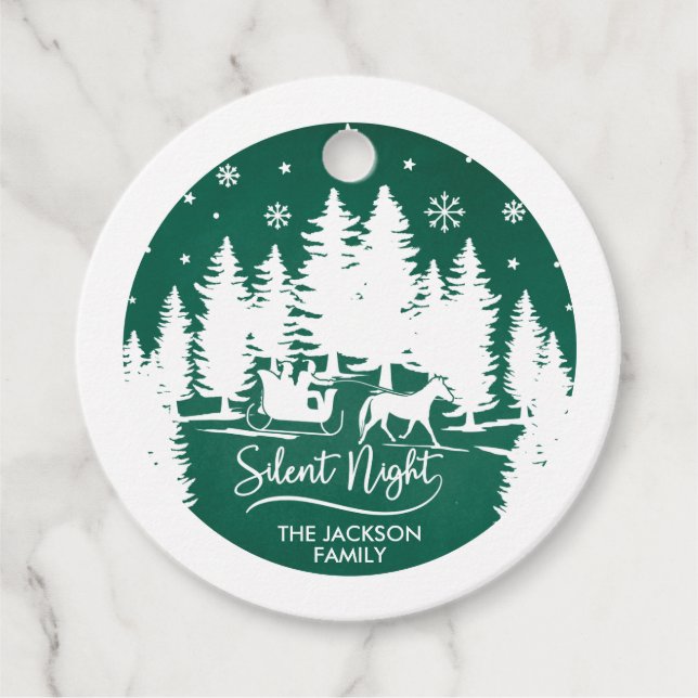 Stille Pinien in der Nacht Schneeflocken grün & we Geschenkanhänger (Vorderseite)