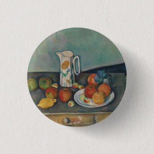 Stilleben, Milchkrug und Früchte auf einem Tisch, Button