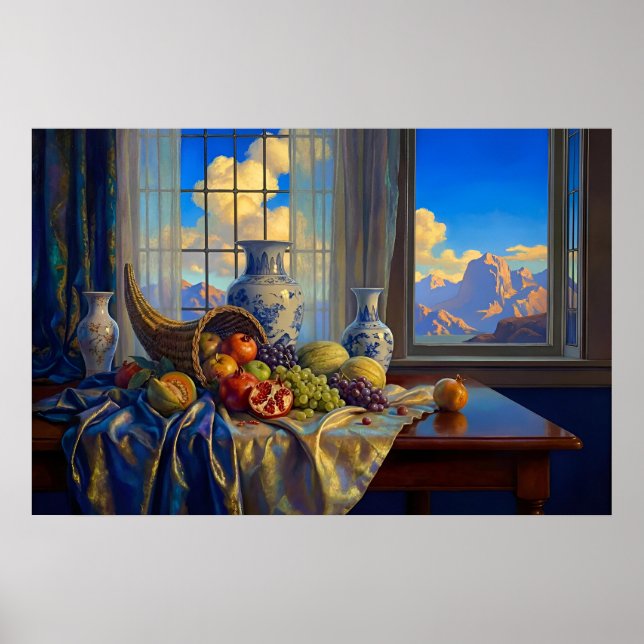 Stilleben mit blauem Fenster und entfernten Gipfel Poster (Vorne)