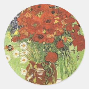 Stilleben - Rote Mohnblumen und Gänseblümchen Runder Aufkleber